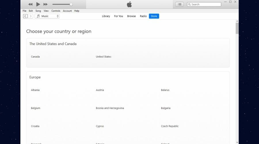 iTunes region list