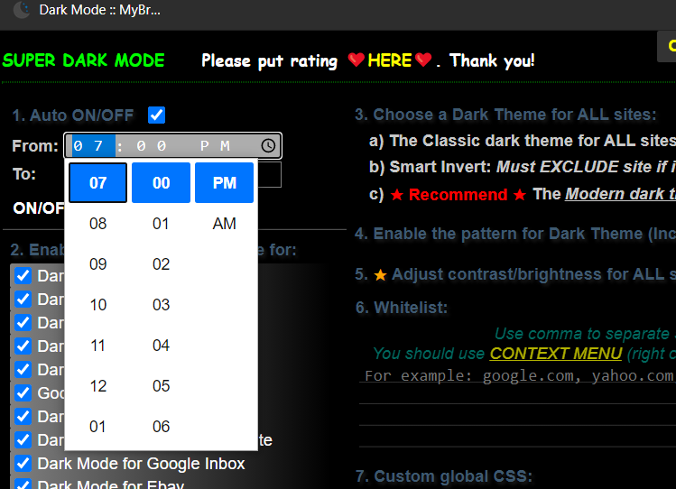 Auto ON/OFF checkbox bomaxthon browser dark mode