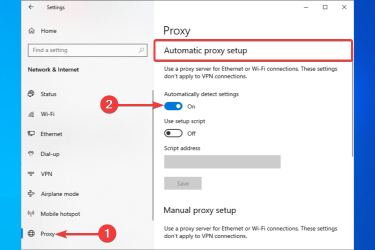 Automatic proxy setup shows Automatically detect settings