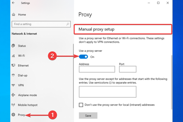 Manual proxy setup shows Use a proxy server
