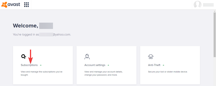Avast SecureLine account shows Subscriptions