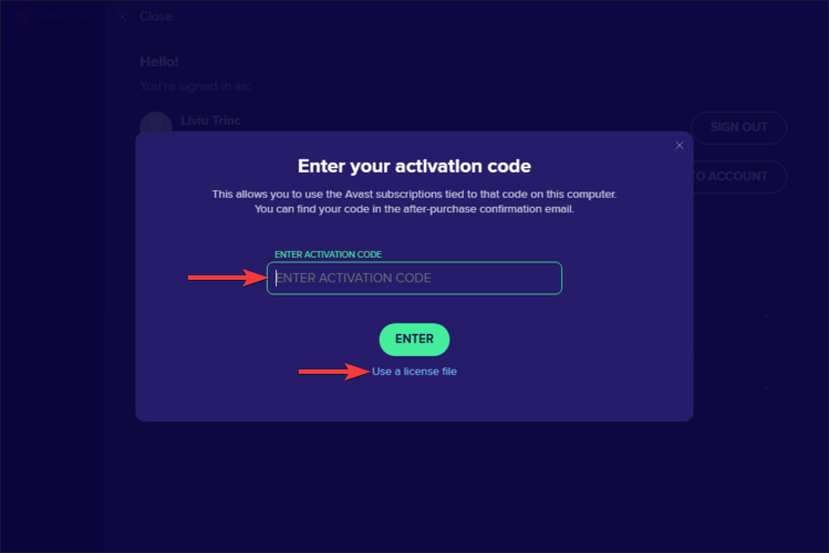 Avast SecureLine shows enter activation code