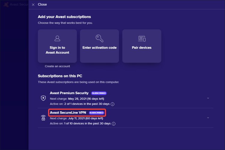 Avast SecureLine shows active subscription