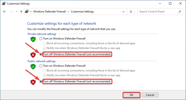 Customize Settings shows Turn off Windows Defender Firewall (not recommended)