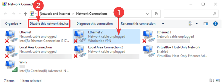 Windows 10 shows Disable this network device
