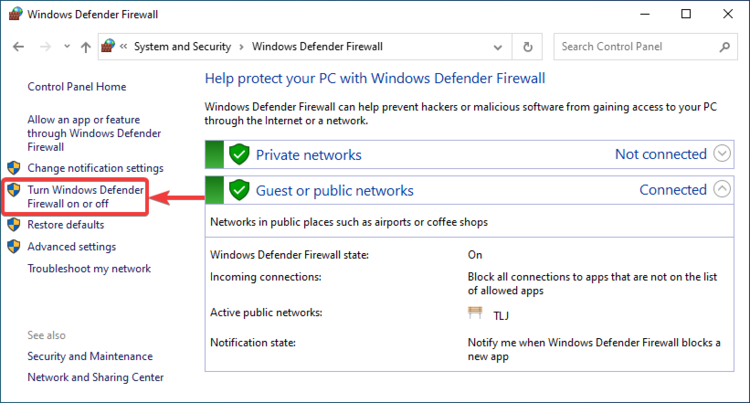 Windows Firewall shows Turn Windows Defender Firewall on or off