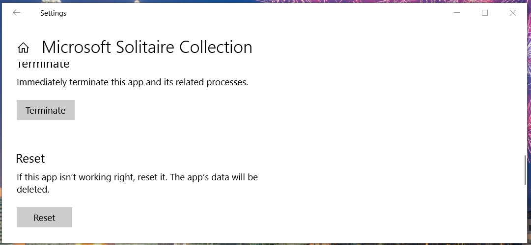 The Reset option The Reset button microsoft solitaire collection not connecting to internet