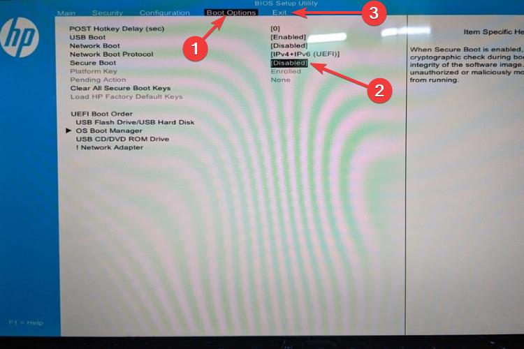 secure boot and exit BIOS