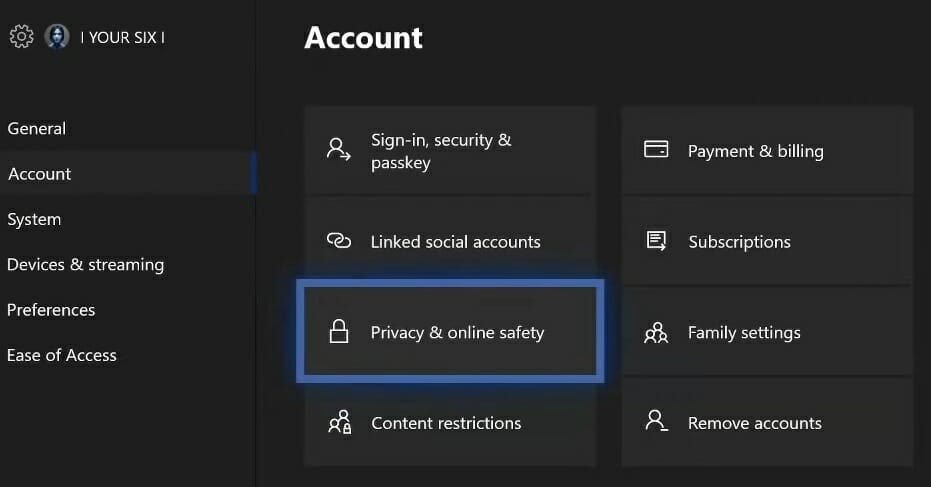 The Account options in Xbox The Account options modern warfare can't hear voice chat xbox
