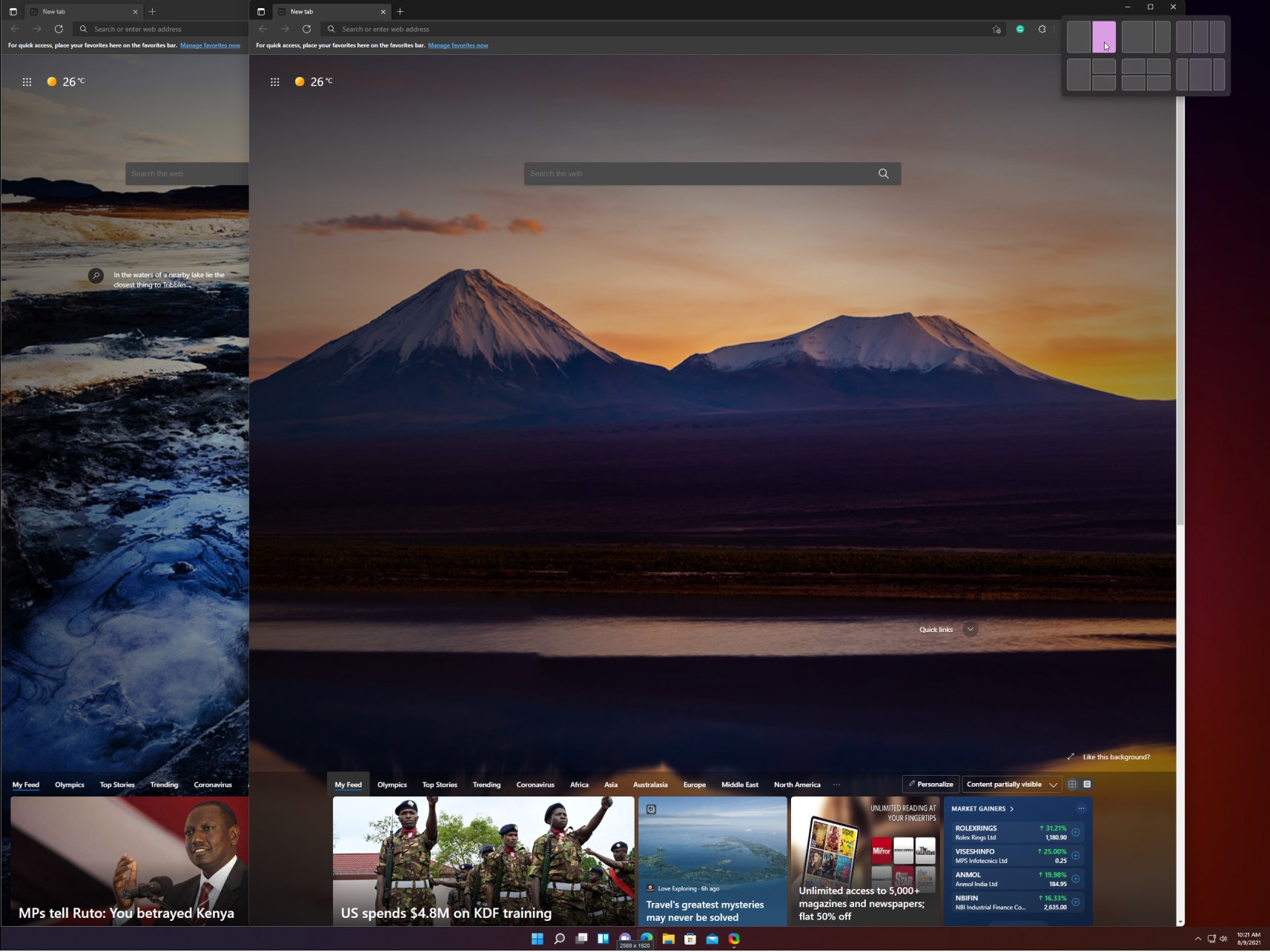 snap layouts second column