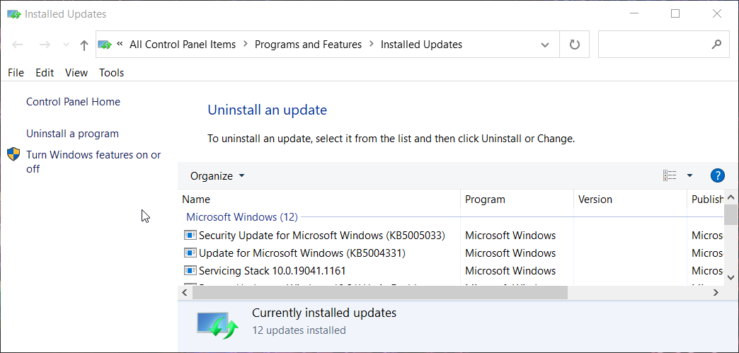 The Installed Updates Control Panel applet The Installed Updates applet airpods won't connect to