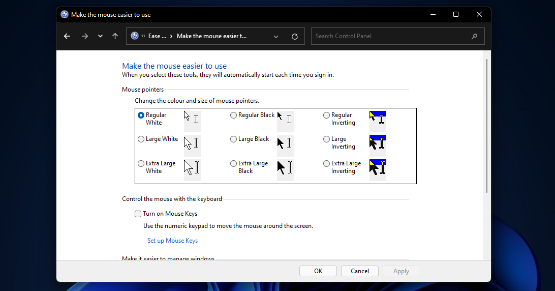 Mouse pointer settings change mouse cursor color