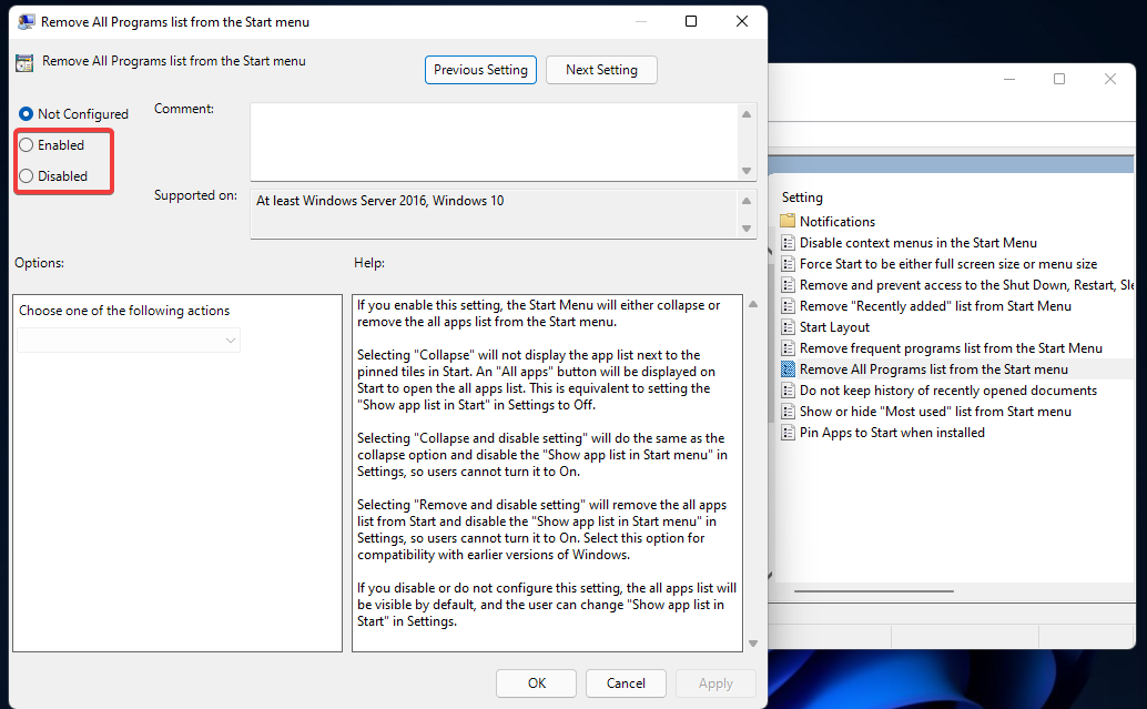 Impostazioni dei criteri abilitati/disabilitati Enabled/Disabled policy options enable gpedit windows 11