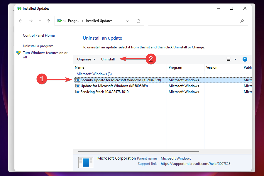 Avinstaller den problematiske Windows Update