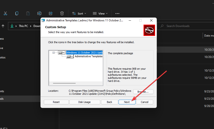 install admx templates on windows 11 next button