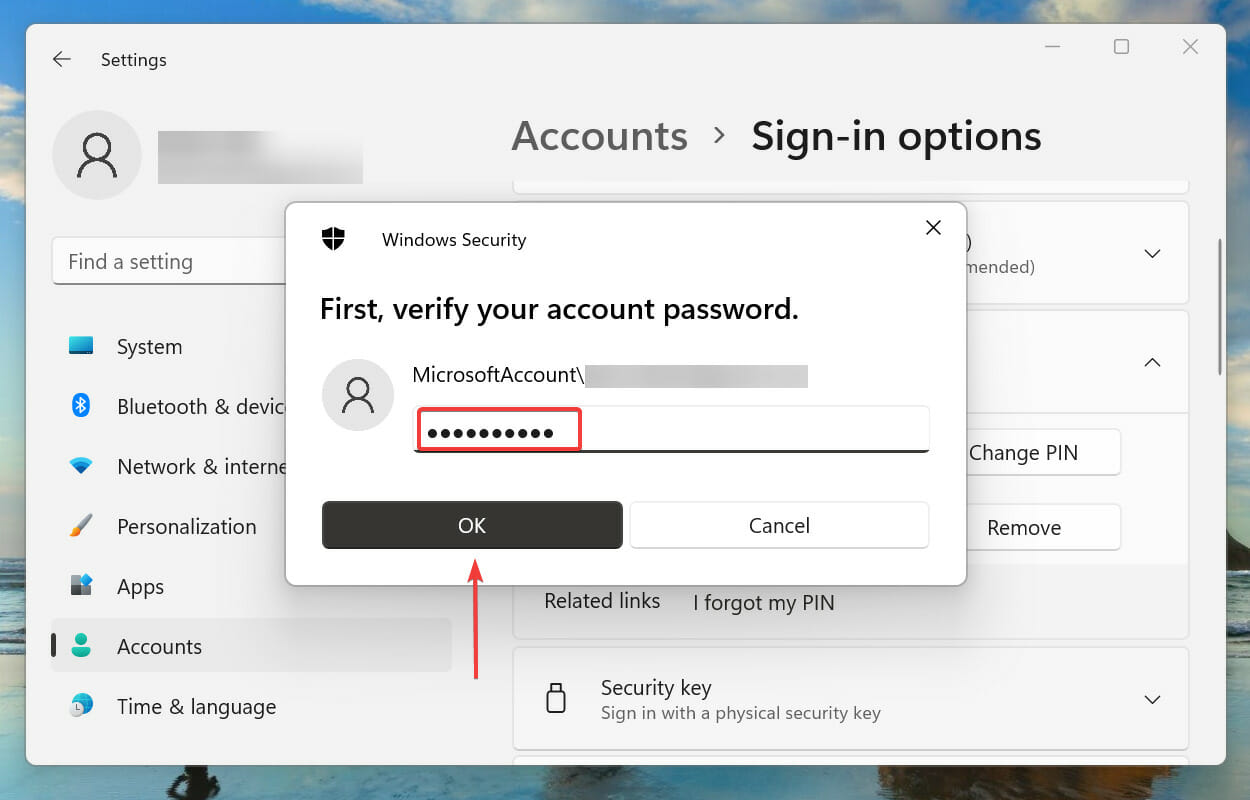 Verifique la contraseña de la cuenta de Microsoft para eliminar el pin en Windows 11