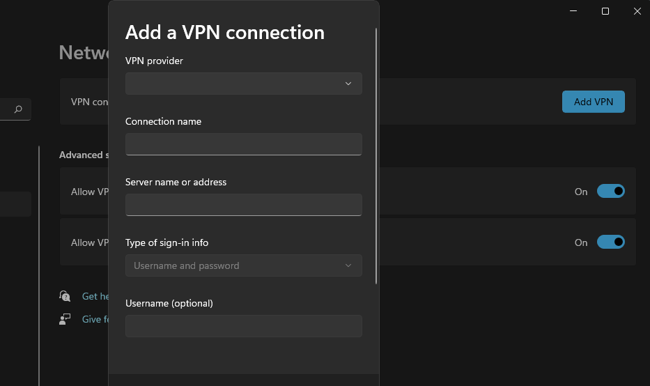 The Add a VPN connection window windows 11 vpn not working
