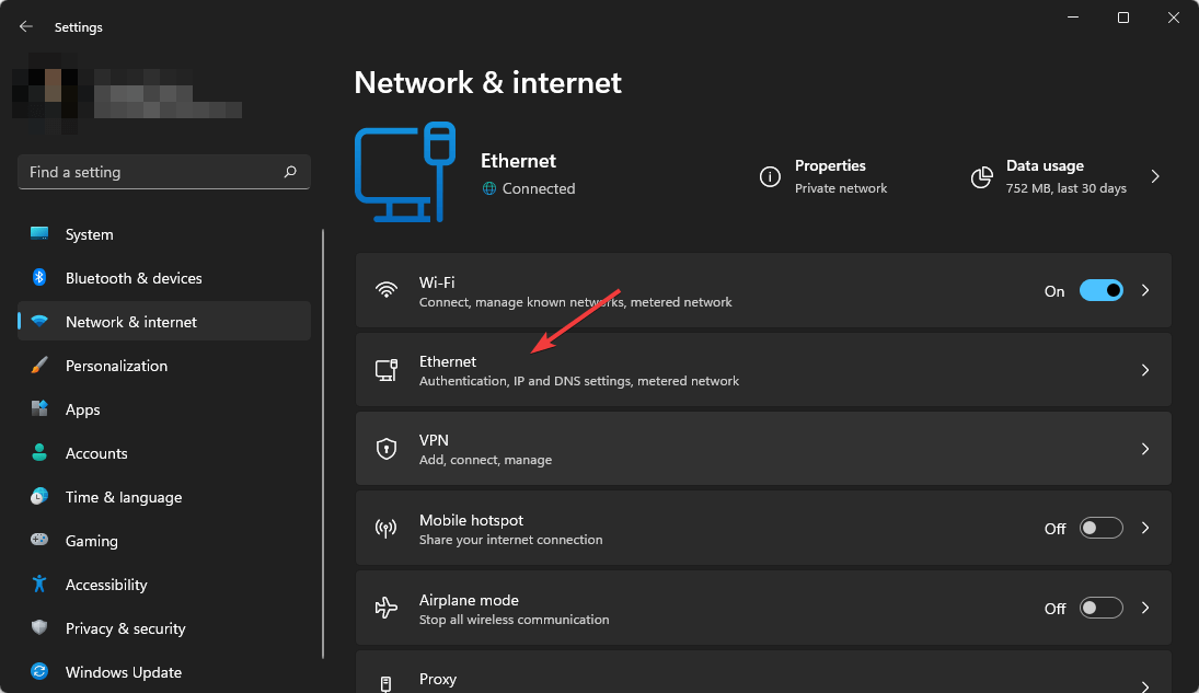 clicking ethernet win11 settings