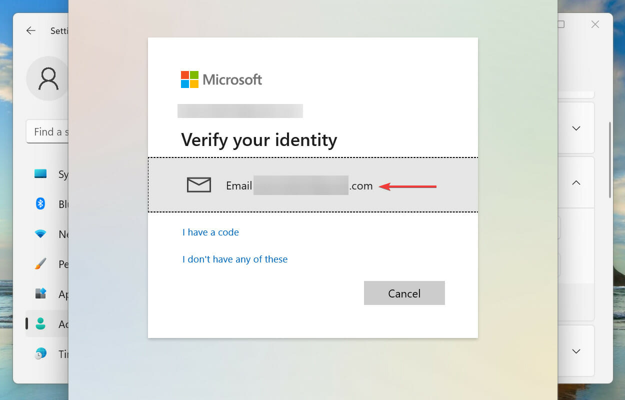 Elija la identificación de correo electrónico para recibir el código