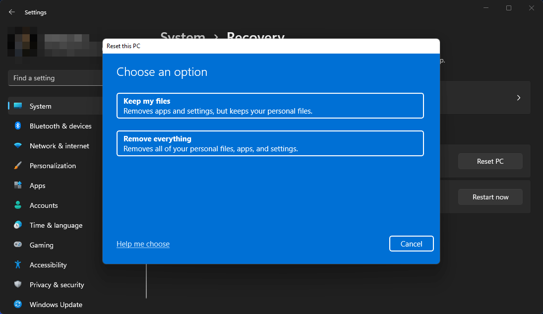 reset this pc options windows 11