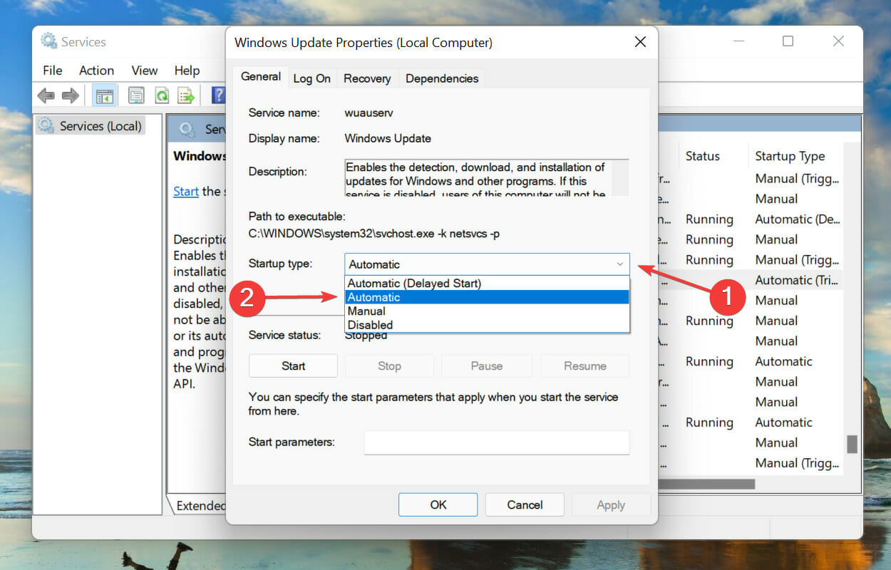 Imposta lo stato del servizio automatico per correggere l'errore di installazione di Windows 11 - 0x800f0831
