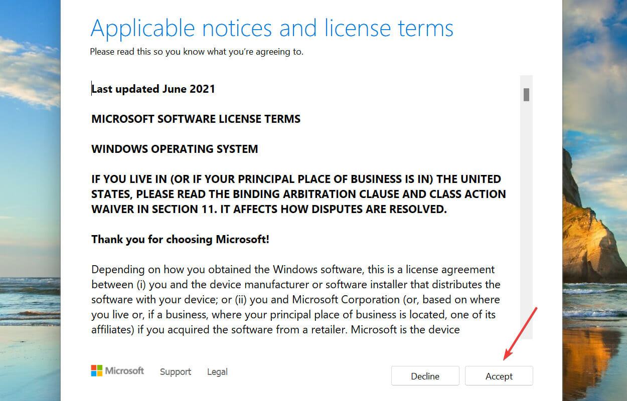 Accetta i termini per correggere l'errore di installazione di Windows 11 - 0x800f0831