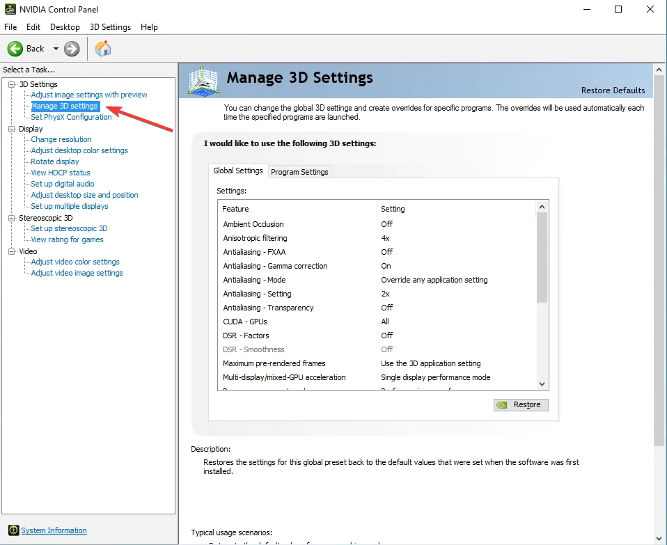 manage 3d settings