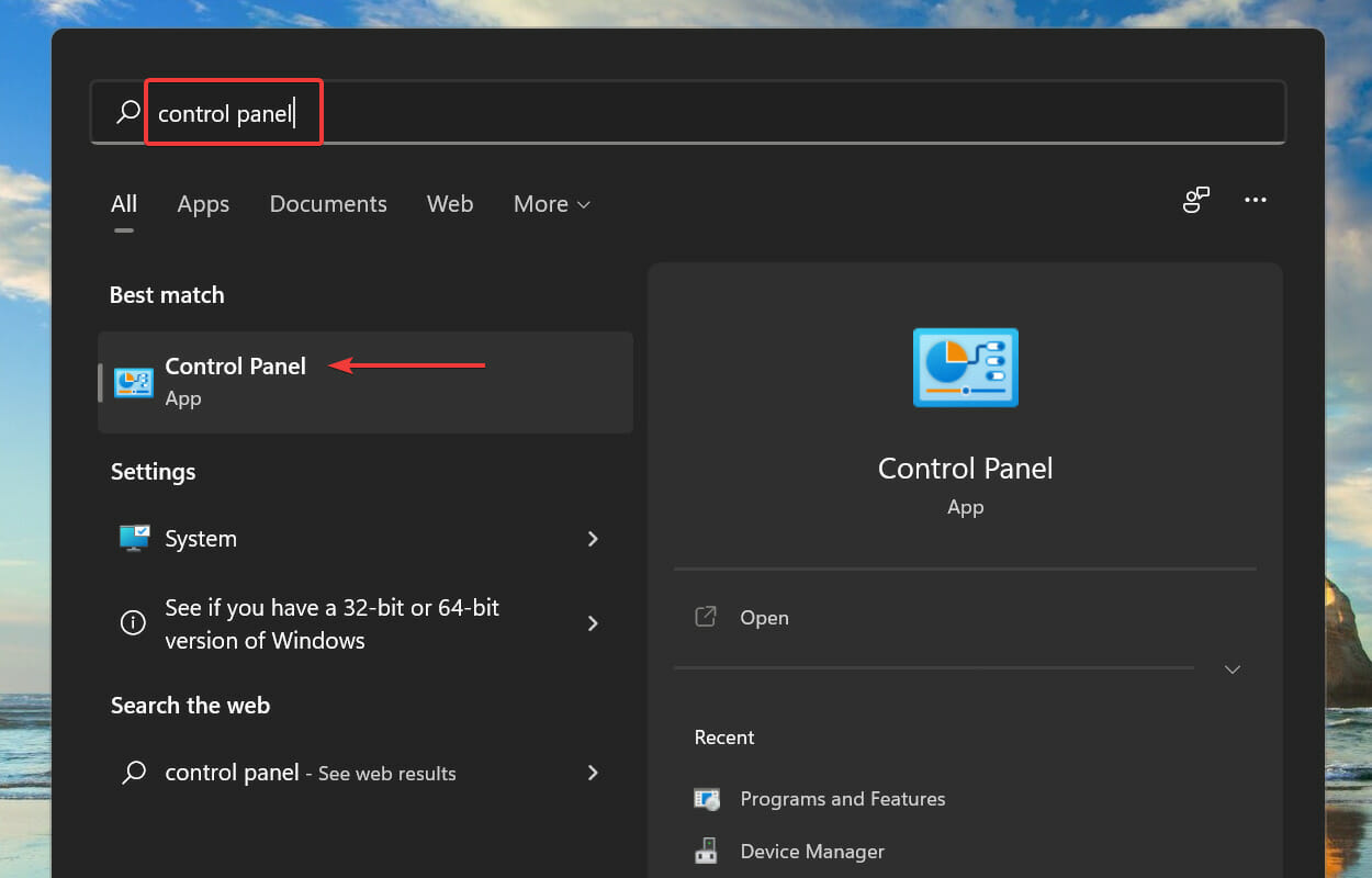 Launch Control Panel to turn off password protected sharing in Windows 11