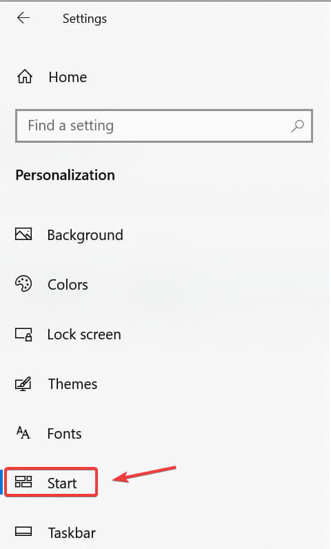 start settings personalization menu