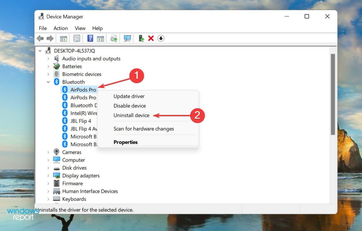 Uninstall device to fix airpods not working windows 11