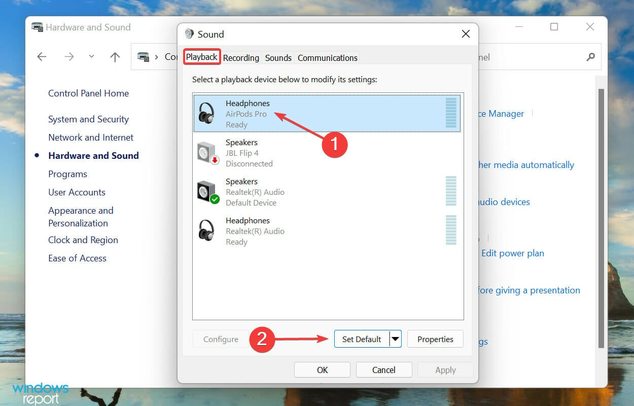 Set default device to fix airpods not working windows 11