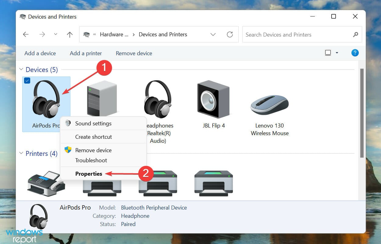 Properties to fix airpods not working windows 11