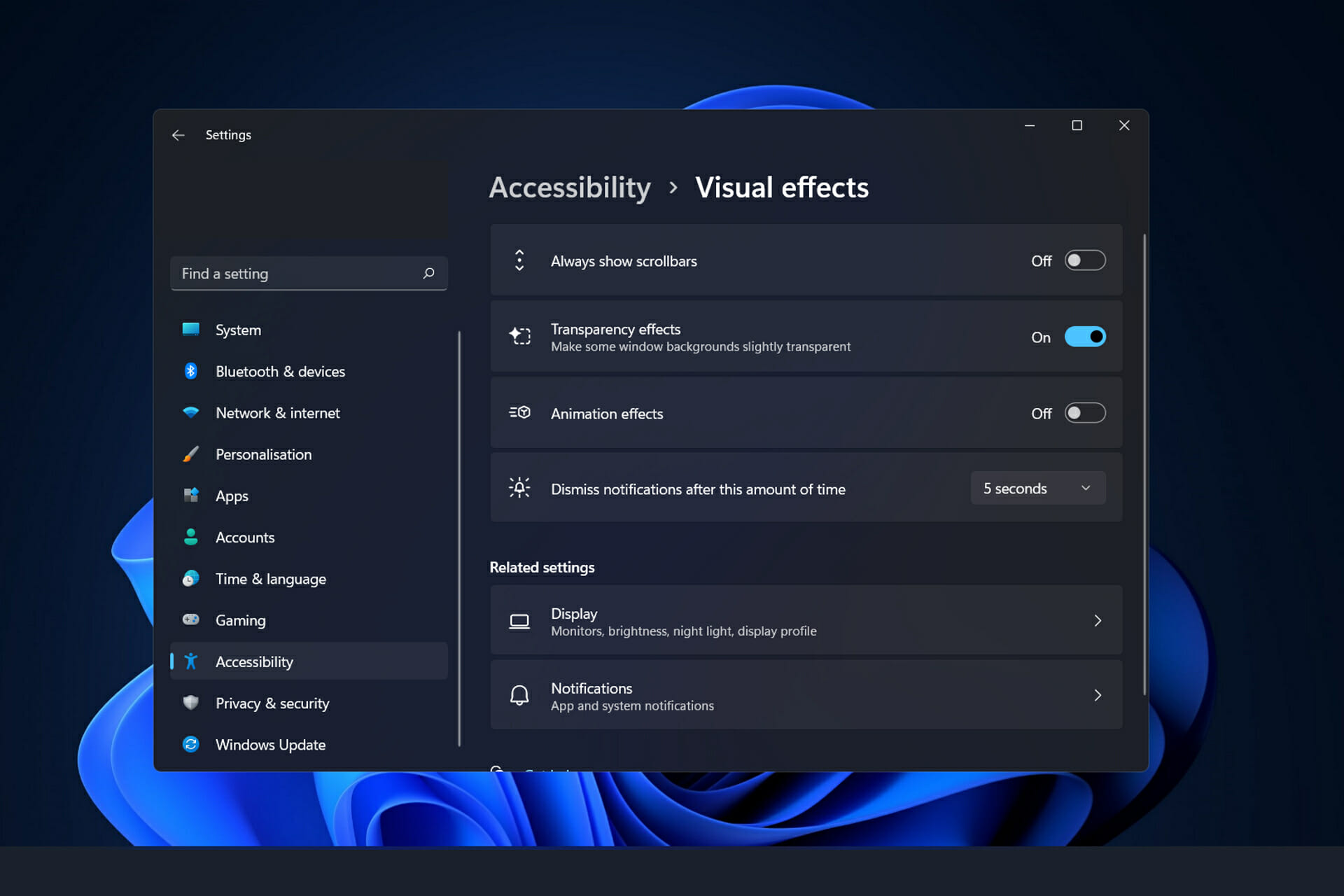 accessibility disable animations windows 11