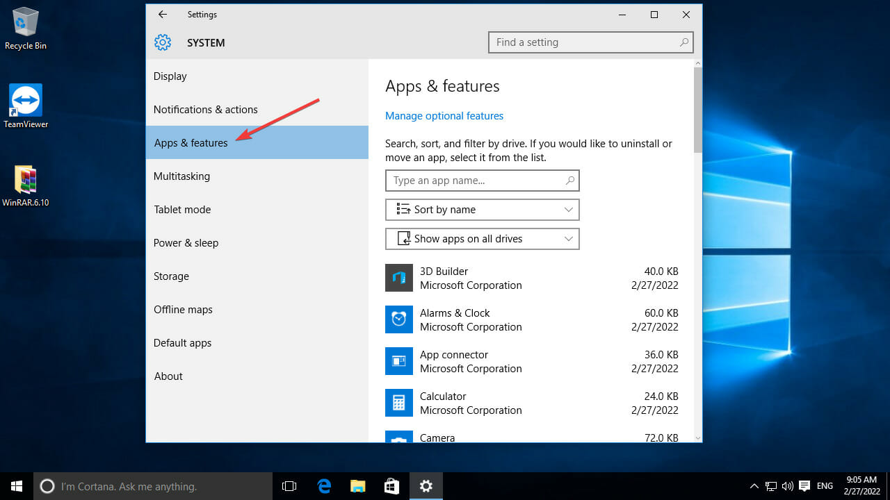 Apps and features in System menu