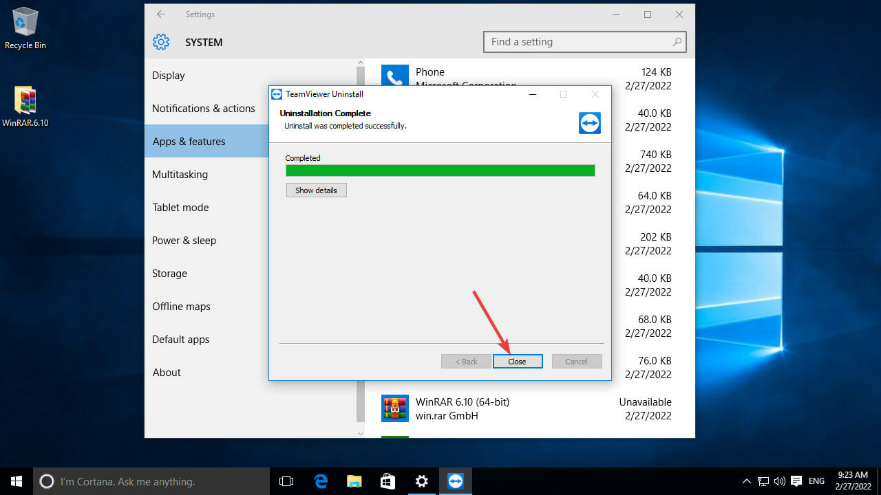 Click Close to finish uninstallation