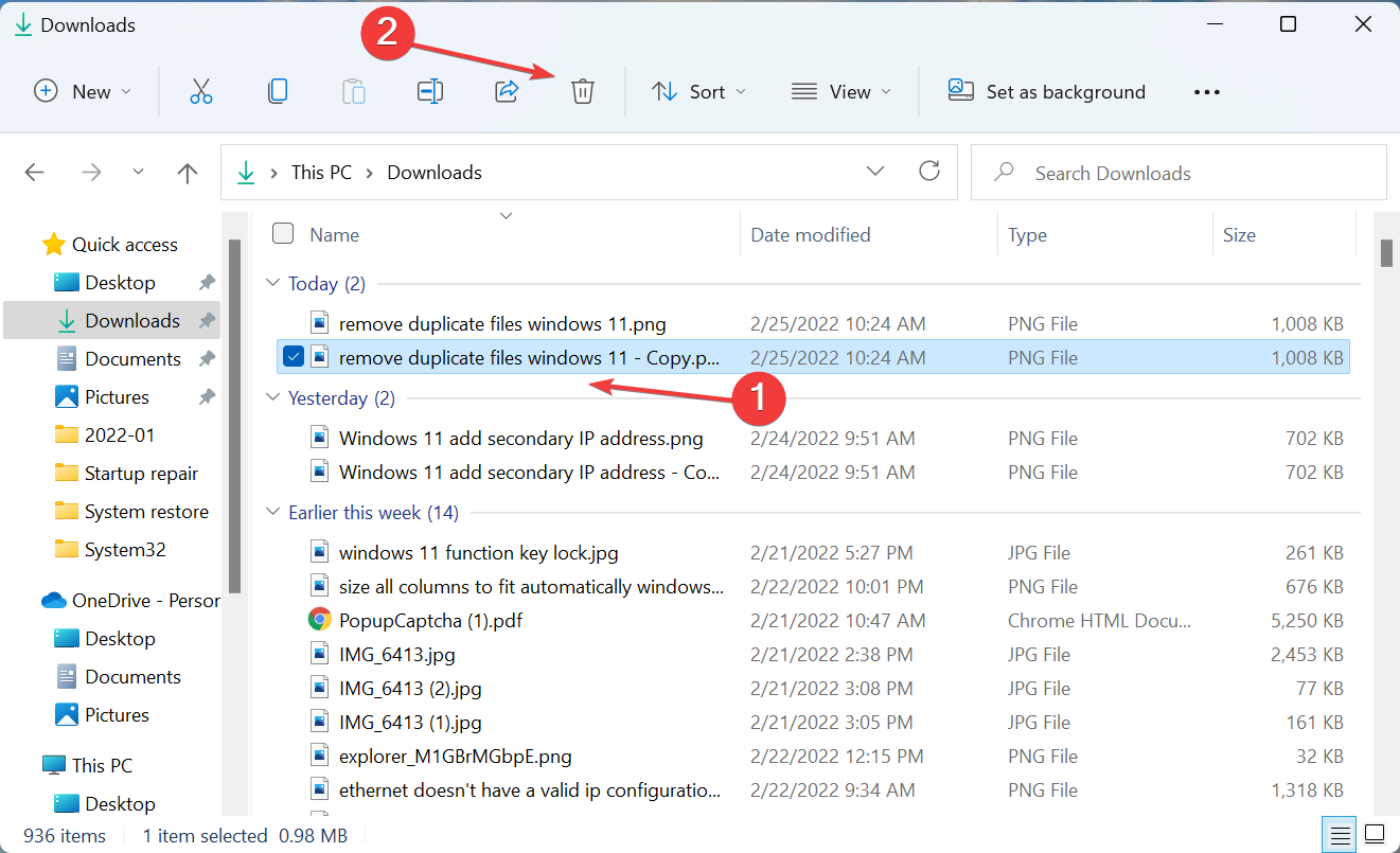 Clique no ícone Excluir para remover arquivos duplicados no Windows 11