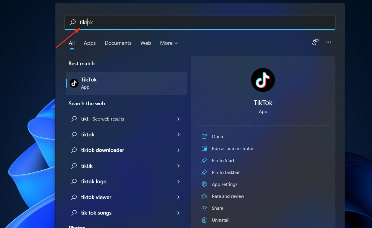 search-tiktok windows 11 remove tiktok
