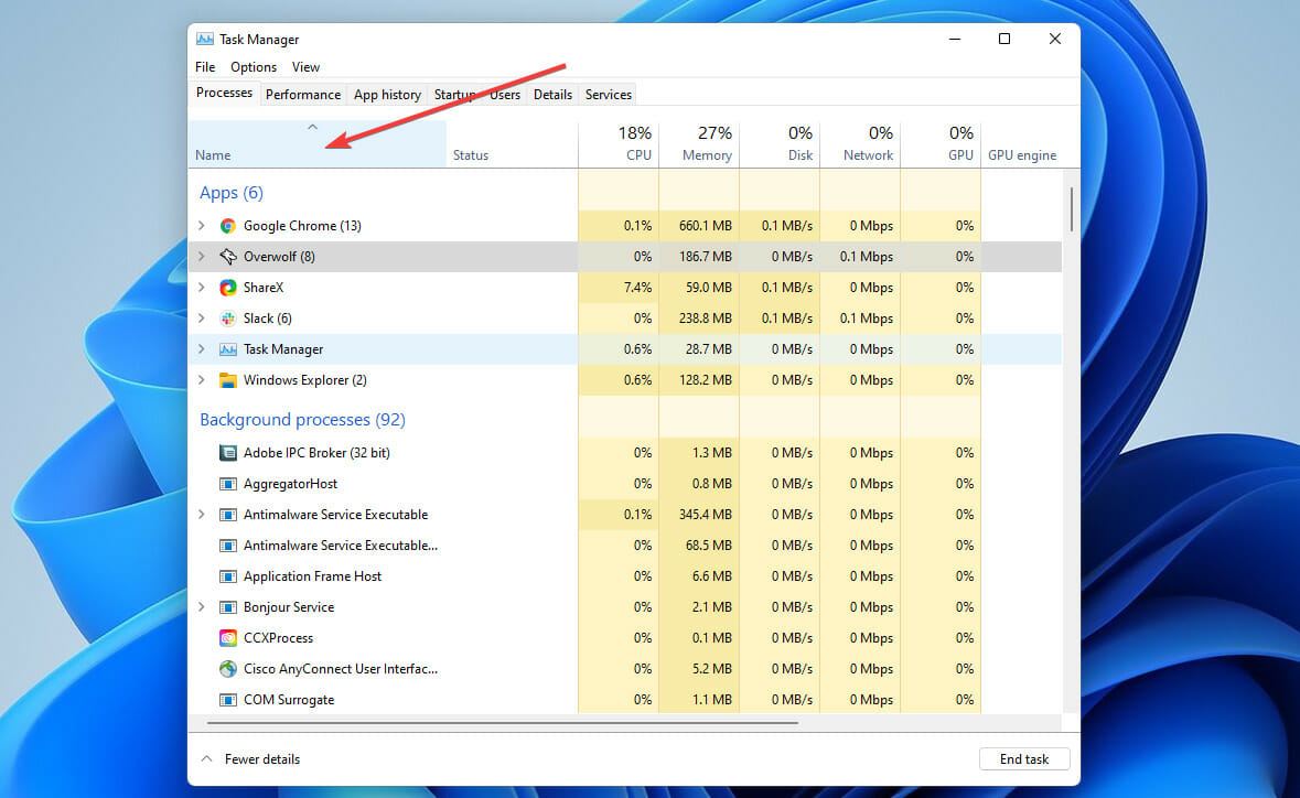 Click on Name Tab on task manager