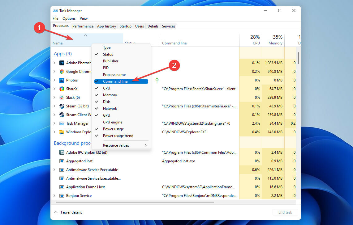 Enable Command Line in Task manager