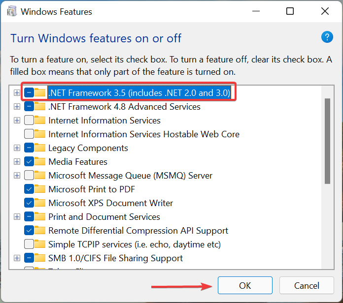 .NET Framework 3.5 per correggere l'errore 0xc00007b Windows 11