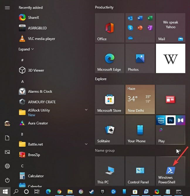 Opening Powershell from Start menu