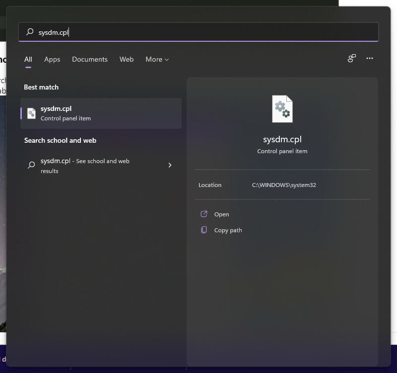 In the search bar type sysdm.cpl and hit enter to view your system properties.