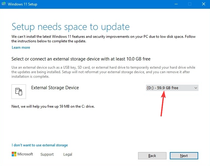 Setup needs space to update