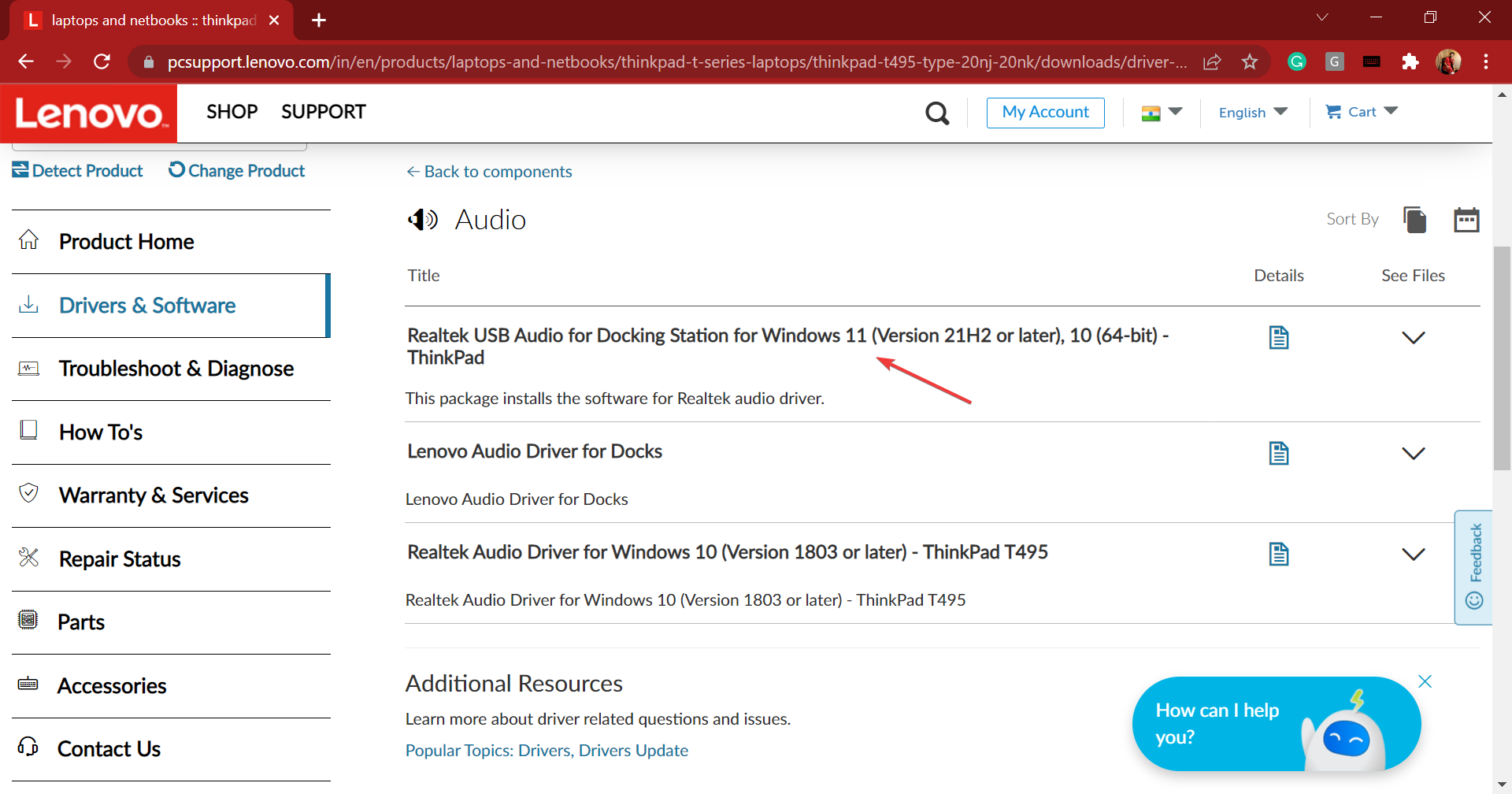 Fare clic sulla voce per scaricare il driver audio Realtek per Windows 11