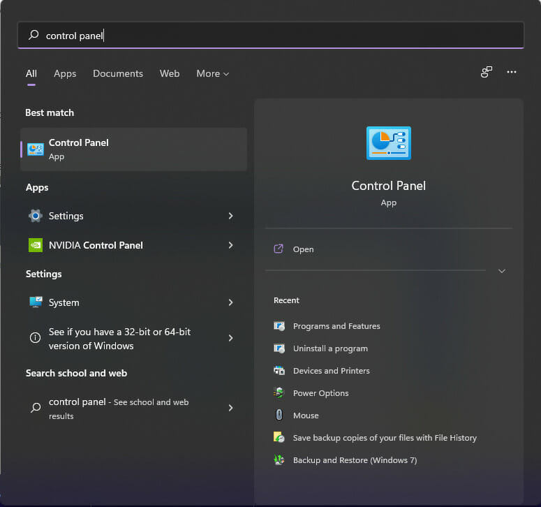 Click start and search control panel then hit enter.