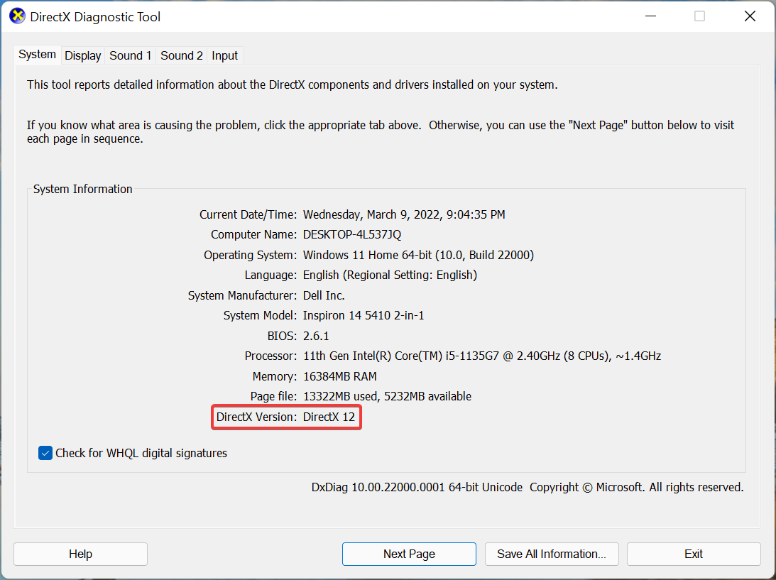 Comprobar la versión de DirectX