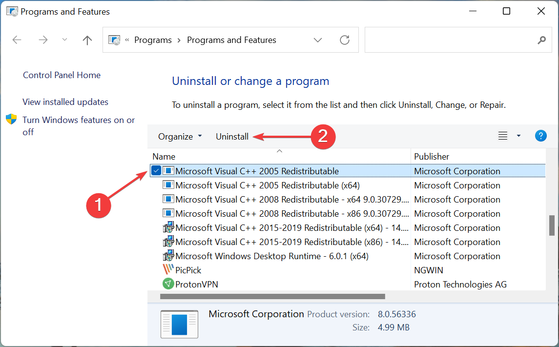 Disinstallare Microsoft C++ Redistributables per correggere l'errore 0xc00007b Windows 11