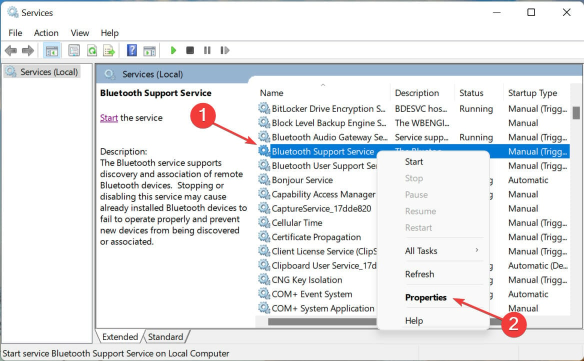 Servicio de soporte de Bluetooth para reparar la falta de bluetooth en el administrador de dispositivos de Windows 11