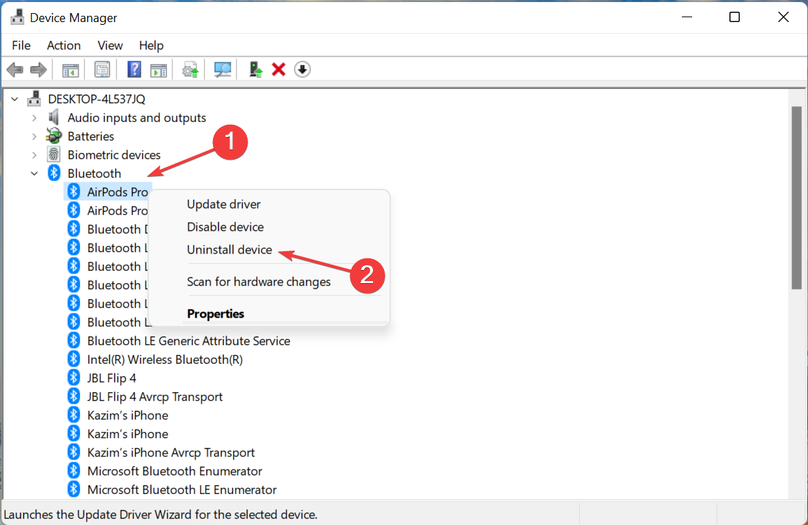 Uninstall device to fix airpods low volume in Windows 11