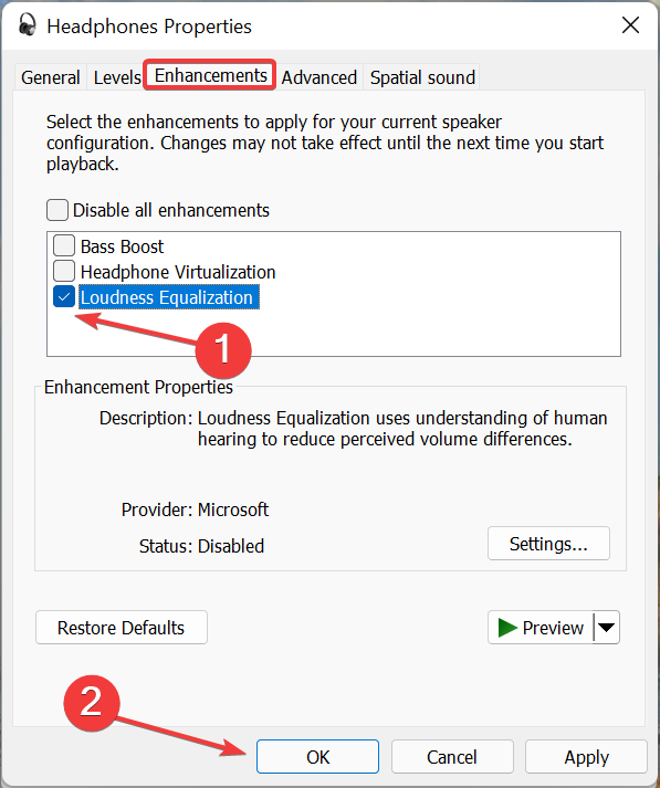 Enable loudness equalization to fix airpods low volume windows 11
